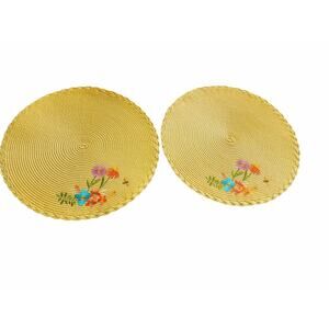 Yellow Embroidered Bee Floral Woven 14" Round Placemats Easter Spring Set Of 2